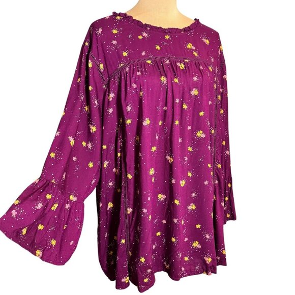 Old Navy Boho Floral Blouse Sz.3XL Fuchsia Modal Ruffle Bell Sleeve Cottage - Picture 1 of 14